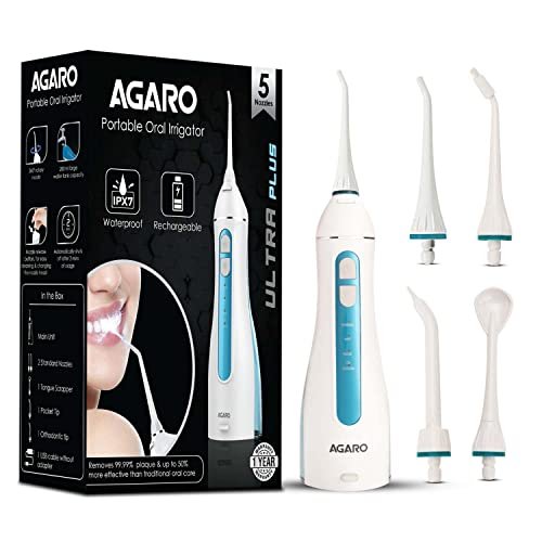 AGARO Ultra Plus Portable Dental Flosser for teeth, 5 Nozzles, Portable,Cordless & Rechargeable,4 Cleaning Modes,IPX7 Waterproof with 200ml Watertank, Flossing at Home & Travel,Oral Flosser,Oral Irrigator