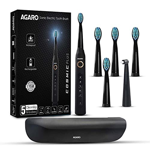 AGARO COSMIC PLUS Sonic Electric Tooth Brush For Adults With 5 Modes, 5 Brush Heads, 1 Interdental Head, Carry Case & Rechargeable With 4 Hours Charge Lasting Up To 25 Days, Power Toothbrush, (Black)