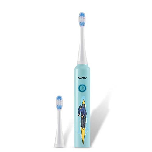 AGARO Rex Dlx Sonic AA Battery Electric Toothbrush For Kids With 6 Brushing Modes, 2 Interchangeable Brush Heads, Soft Nylon Bristles, Power Toothbrush, AA Battery, Blue