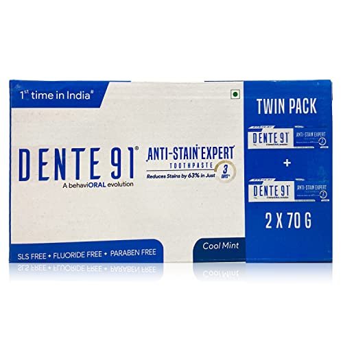 Dente91 Anti-Stain Expert Toothpaste for Stain Removal & Teeth Whitening | Protects against Dental Caries & Strengthens Enamel | Reduces 63% stains in just 3 days | 140g (2 X 70g)