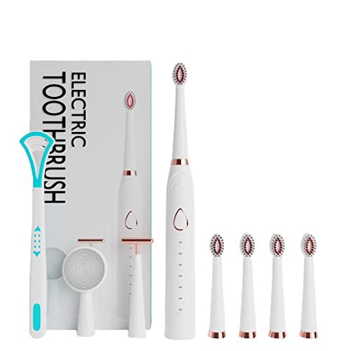 Lifelong LLDC63 Electric Toothbrush for Adults with Sonic Technology 5 Brush Heads, 6 Modes, 1 Tongue Cleaner, 1 Carry Pouch|With Face brush and T Massager for tonning|Electric Rechargeable Power Toothbrush|40000 Strokes/minute (1 Year Warranty, White)