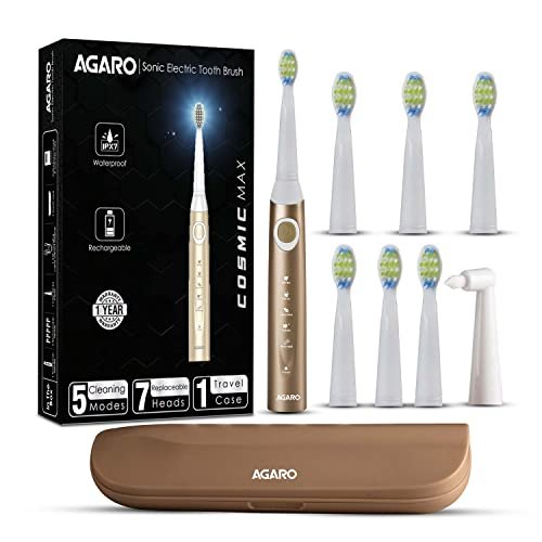 AGARO COSMIC PLUS MAX Sonic Electric tooth brush for adults with 5 modes, 7 brush heads, 1 interdental head, Carry Case and rechargeable with 4 hours charge lasting up to 25 days, Power Toothbrush, (Champagne Gold)