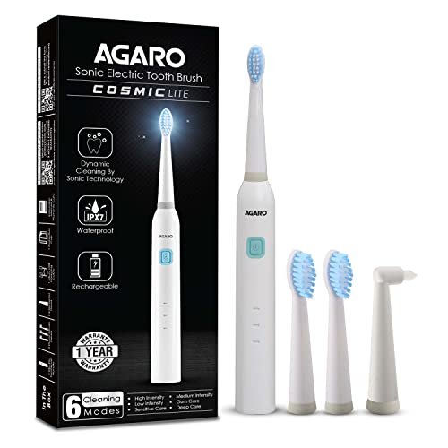 AGARO COSMIC Lite Sonic Electric Toothbrush for Adults with 6 Modes, 3 Brush Heads, 1 Interdental Head and Rechargeable with 3.5 Hours Charge Lasting up to 25 Days, Power Toothbrush, (White)