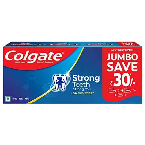 Colgate Strong Teeth 500g (200g x 2 + 100g, Pack of 3) Cavity Protection Toothpaste, Colgate Toothpaste with Calcium Boost, Saver Pack, India’s No.1 Toothpaste