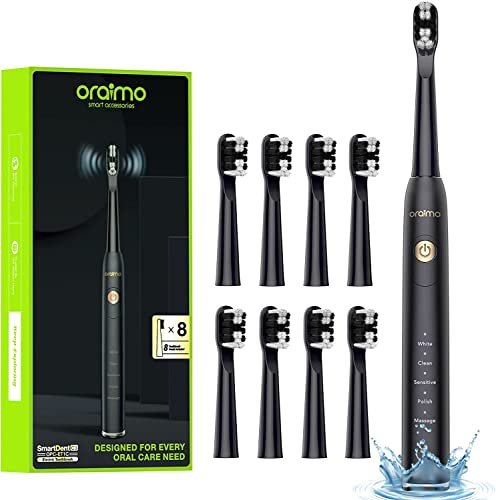 Oraimo Electric Toothbrush for Adults-oraimo Rechargeable Power Toothbrush with 8 Dupont Brush Heads,Sonic Toothbrush Holder,5 Optional Modes, 2 Minute Smart Timer, 3 Hr Fast Charge for 60 Days,Black