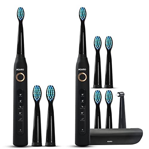 AGARO COSMIC + COSMIC PLUS Sonic Electric Tooth Brush For Adults With 5 Modes, 8 Brush Heads, Interdental Head, Carry Case & Rechargeable With 4 Hours Charge Lasting Up To 25 Days, Power Toothbrush, Combo Pack, (Black)