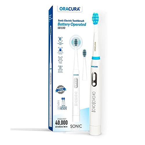 ORACURA® Sonic Battery Operated Electric Toothbrush SB100, 40,000 strokes/min, Smart Timer, 5 Modes & 2 Brush Heads Power Toothbrush (White)