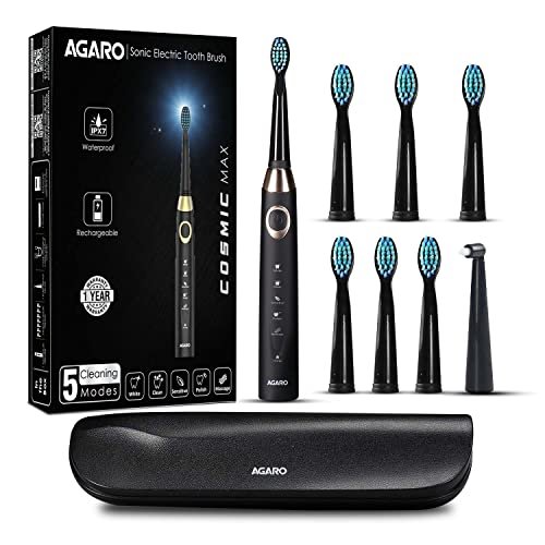 AGARO COSMIC PLUS MAX Sonic Electric tooth brush for adults with 5 modes, 7 brush heads, 1 interdental head, Carry Case and rechargeable with 4 hours charge lasting up to 25 days, Power Toothbrush, (Black)