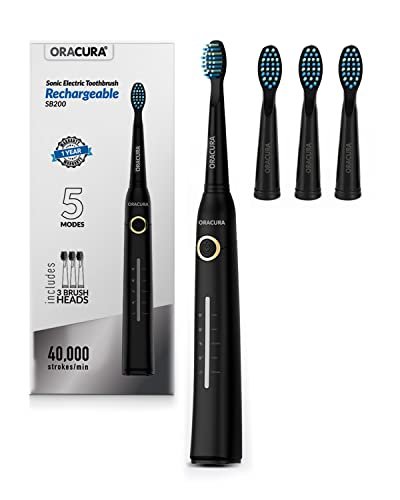 ORACURA Sonic Electric Rechargeable Toothbrush SB200, 40,000 strokes/min, 5 Modes, 3 Brush Heads & Rechargeable with 4 Hours Charge lasts upto 25 Days, Power Toothbrush (Black)