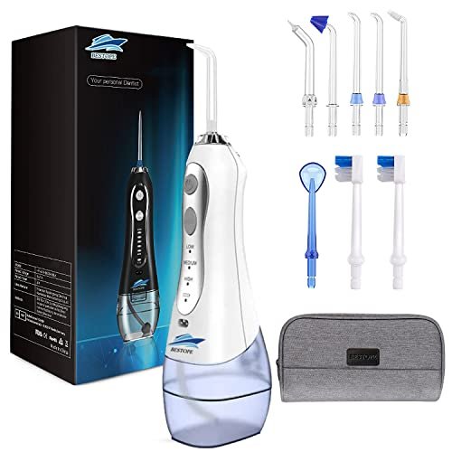 BESTOPE Rechargeable Dental Flosser Oral Irrigator with 300ml Water Tank | 5 Modes | 8 Replaceable Jet Tips |IPX7 Waterproof (White)