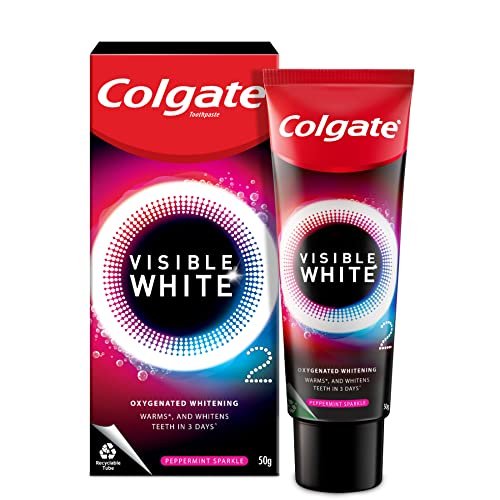 Colgate Visible White O2 50g Teeth Whitening Toothpaste, Peppermint Sparkle, Active Oxygen Technology, Enamel Safe Teeth Whitening Product