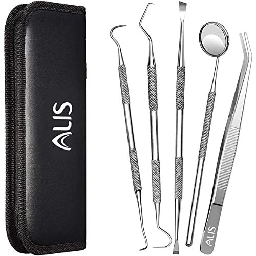 Alis 5 Pcs Dental PMT Set, Dental Tools includes 3 Dental Probes + Dental Tweezer + Mouth Mirror for Oral Care Stainless, Steel Dental Hygiene Kit Set